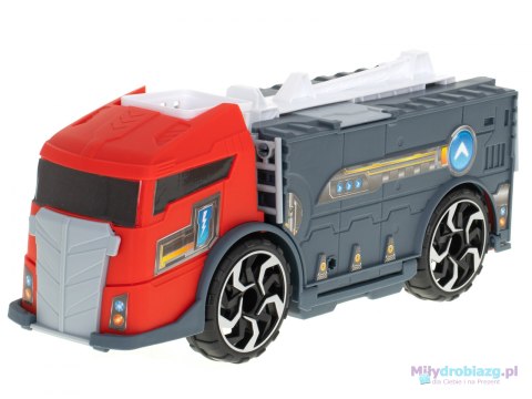 TIR laweta ciężarówka samochód transporter naczepa 2w1 parking resoraki straż pożarna 2 auta czerwone TIR laweta ciężarówka samochód transporter naczepa 2w1 parking resoraki straż pożarna 2 auta czerwone