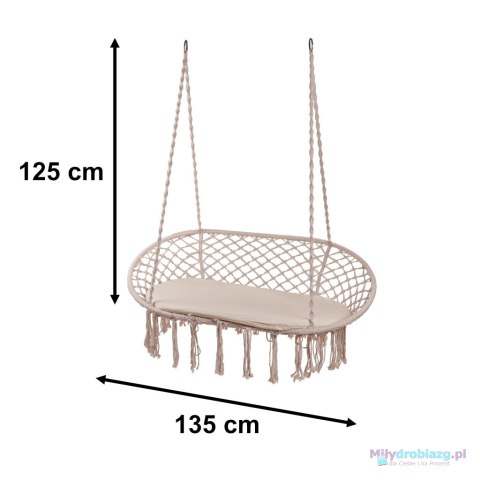 Huśtawka bocianie gniazdo podwójne dwuosobowe z frędzlami beż + poduszka 240kg Huśtawka bocianie gniazdo podwójne dwuosobowe z frędzlami beż + poduszka 240kg